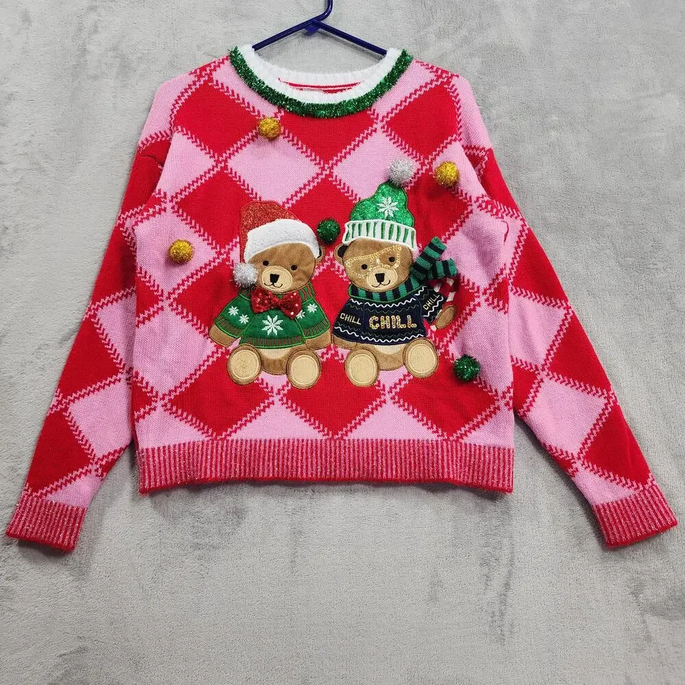 Holiday Time Sweater Womens S Red Pink Argyle Bear Christmas Tinsel Pompom Party